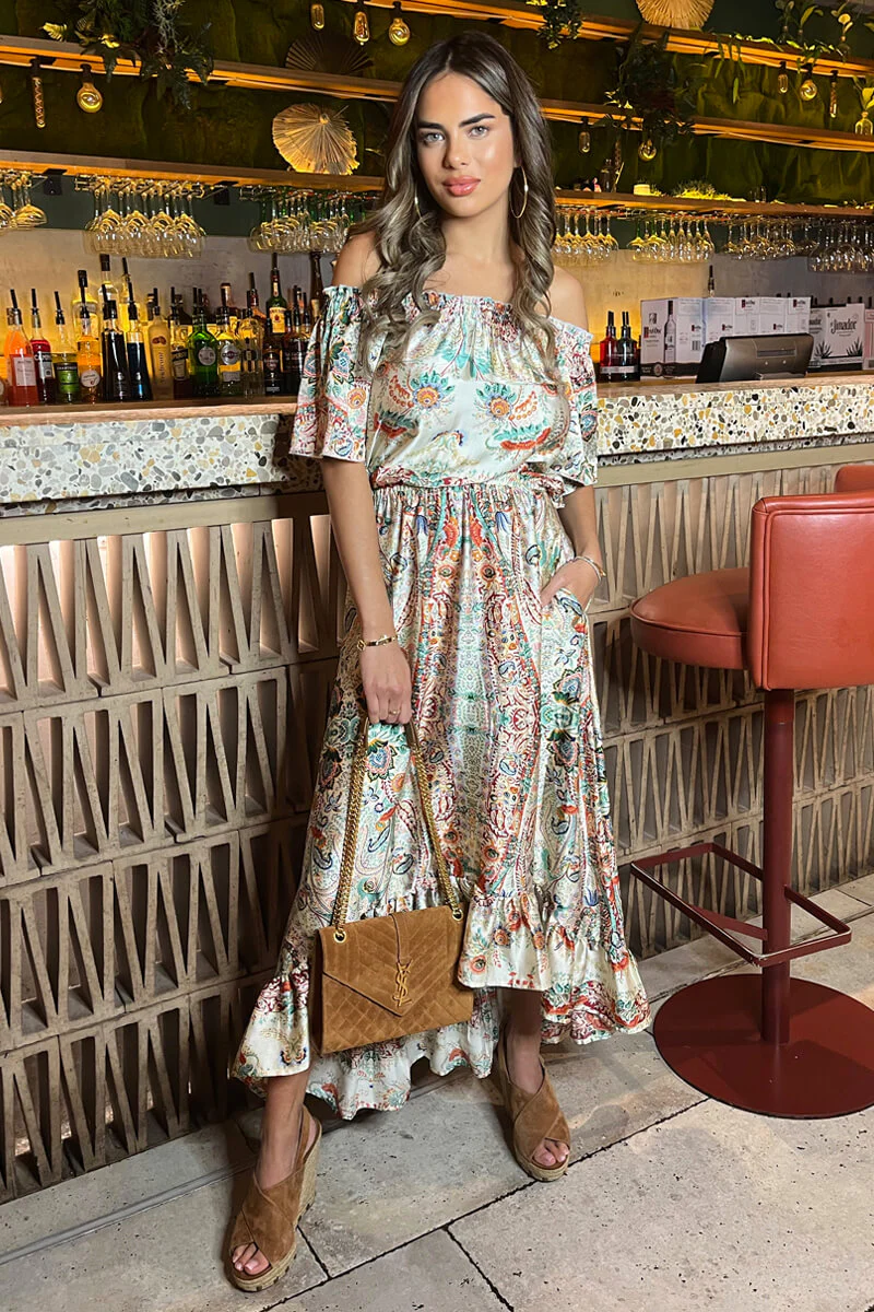 Multi Paisley Printed Bardot Frill Hem Midi Dress - Image 3