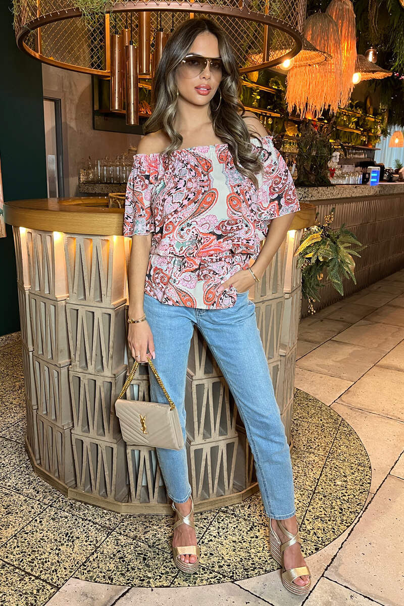 Multi Pink Tone Print Bardot Top - Image 2