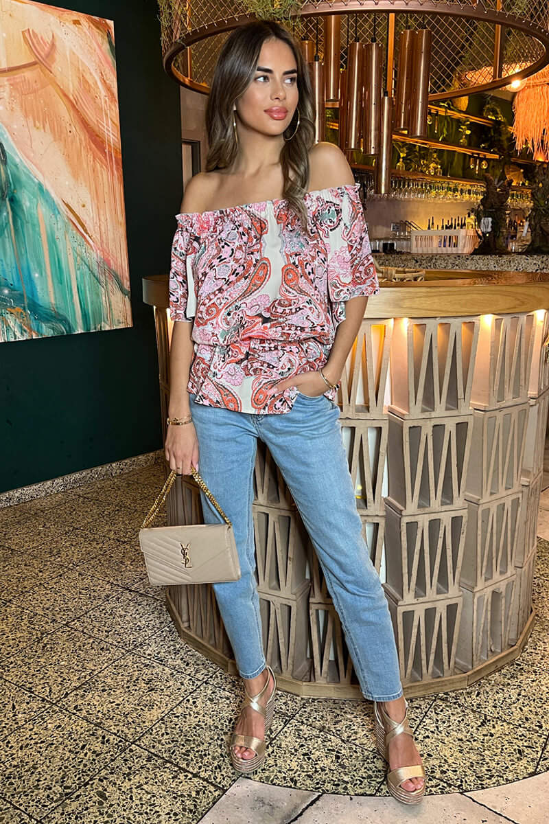 Multi Pink Tone Print Bardot Top - Image 3