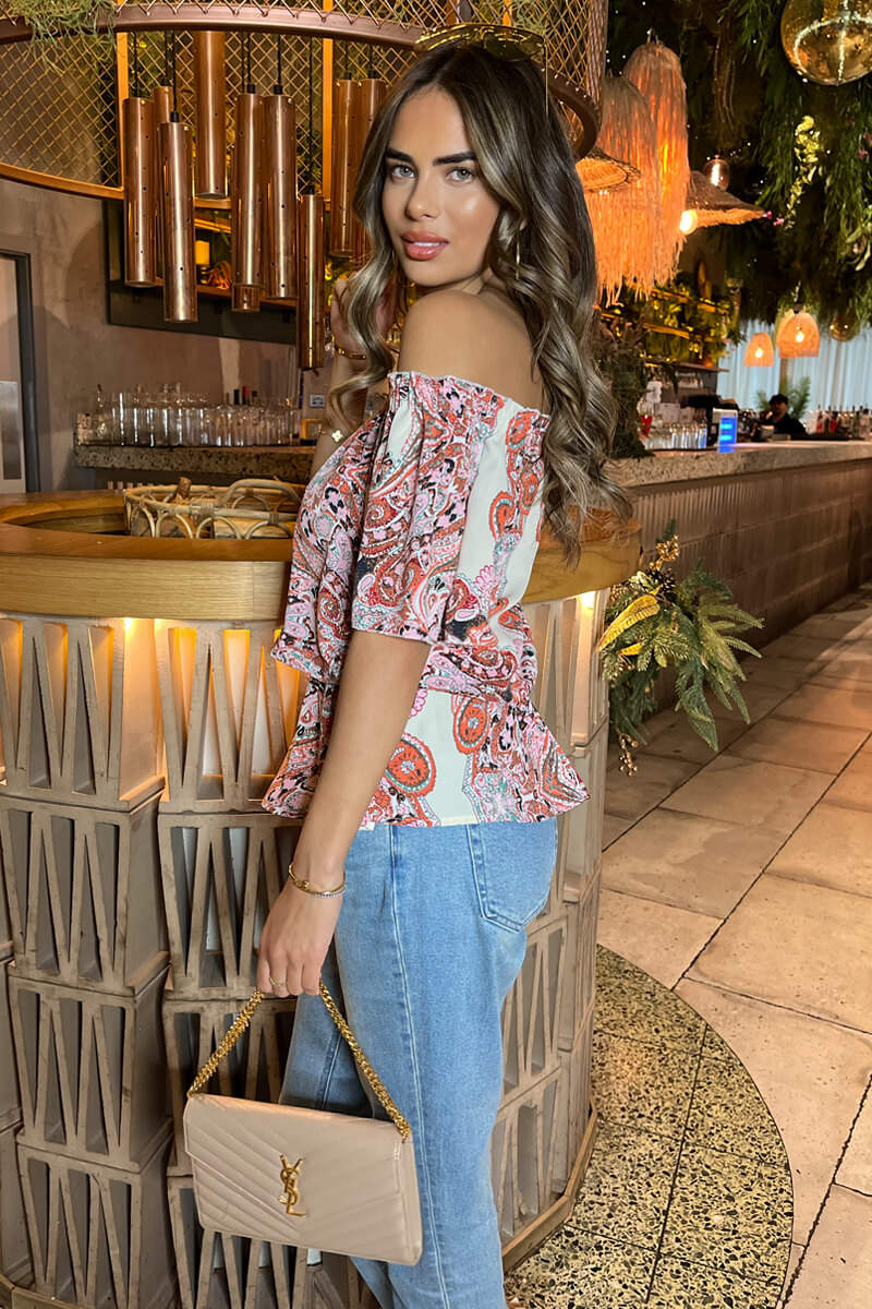 Multi Pink Tone Print Bardot Top - Image 4