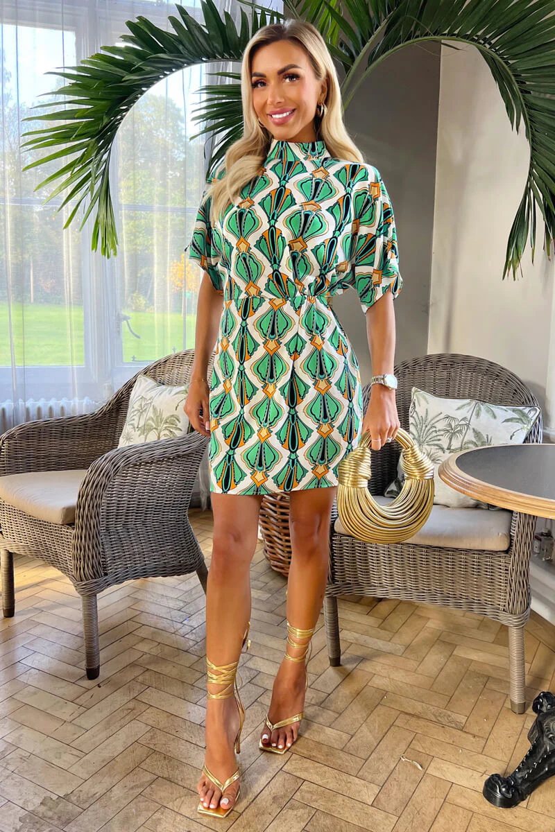 Multi Print Short Sleeve High Neck Skater Dress - Image 2