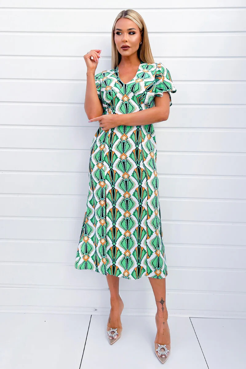 Multi Print V Neck Tie Detail Short Sleeve Midi Dress - Image 2