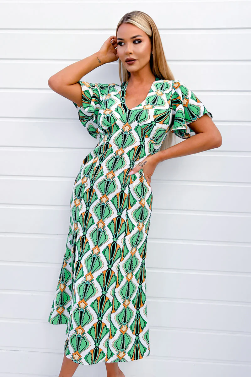 Multi Print V Neck Tie Detail Short Sleeve Midi Dress - Image 3