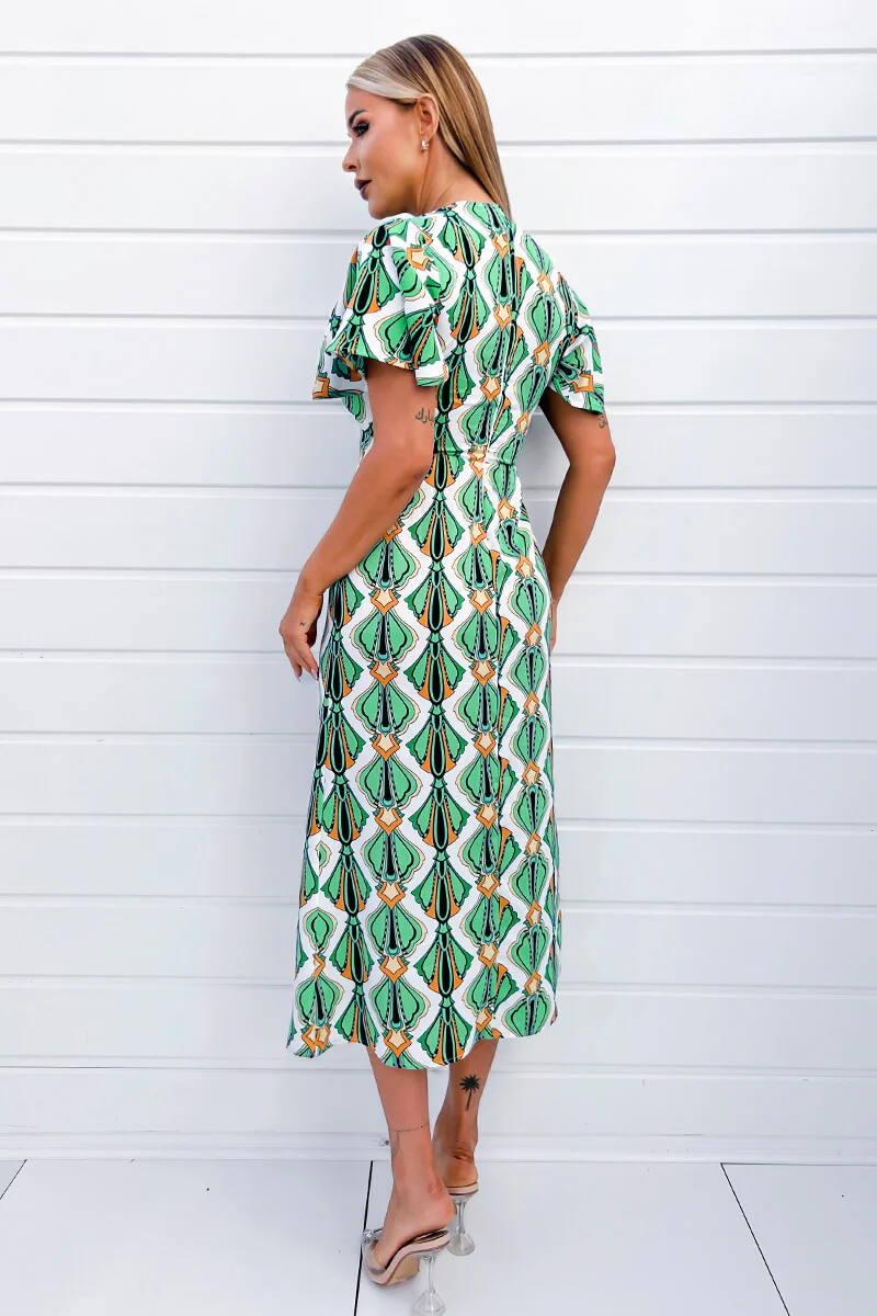 Multi Print V Neck Tie Detail Short Sleeve Midi Dress - Image 4