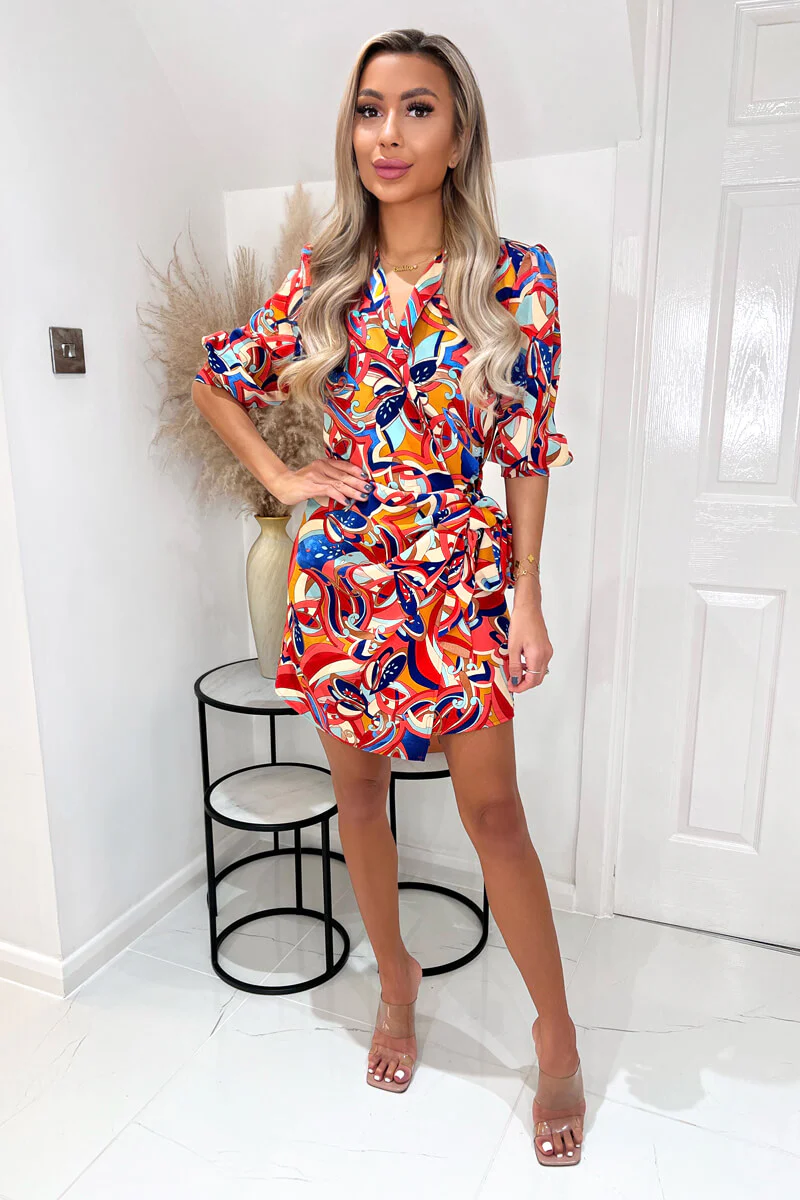 Multi Printed 3/4 Cuffed Sleeve Wrap Tie Mini Dress - Image 2