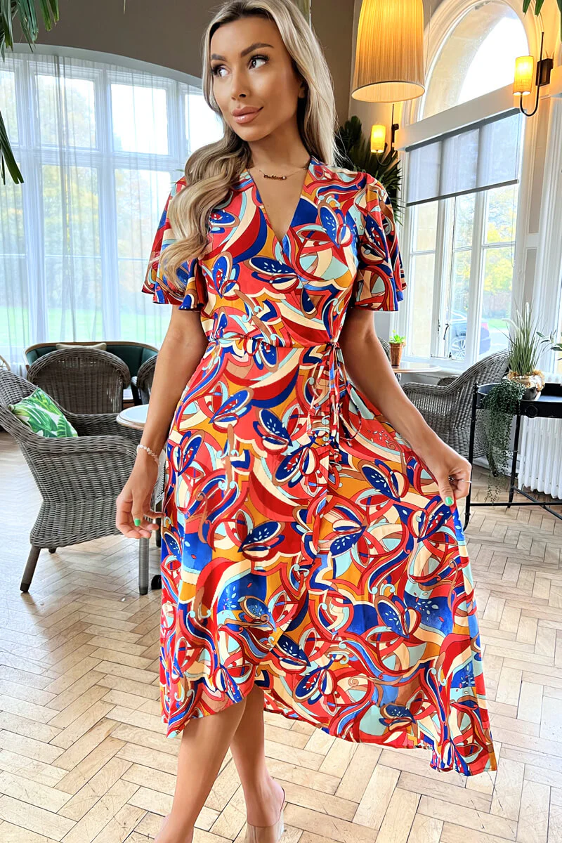 Multi Printed Butterfly Sleeve Wrap Midi Dress - Image 2