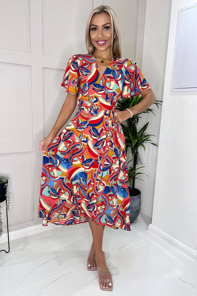 Multi Printed Butterfly Sleeve Wrap Midi Dress - Image 4