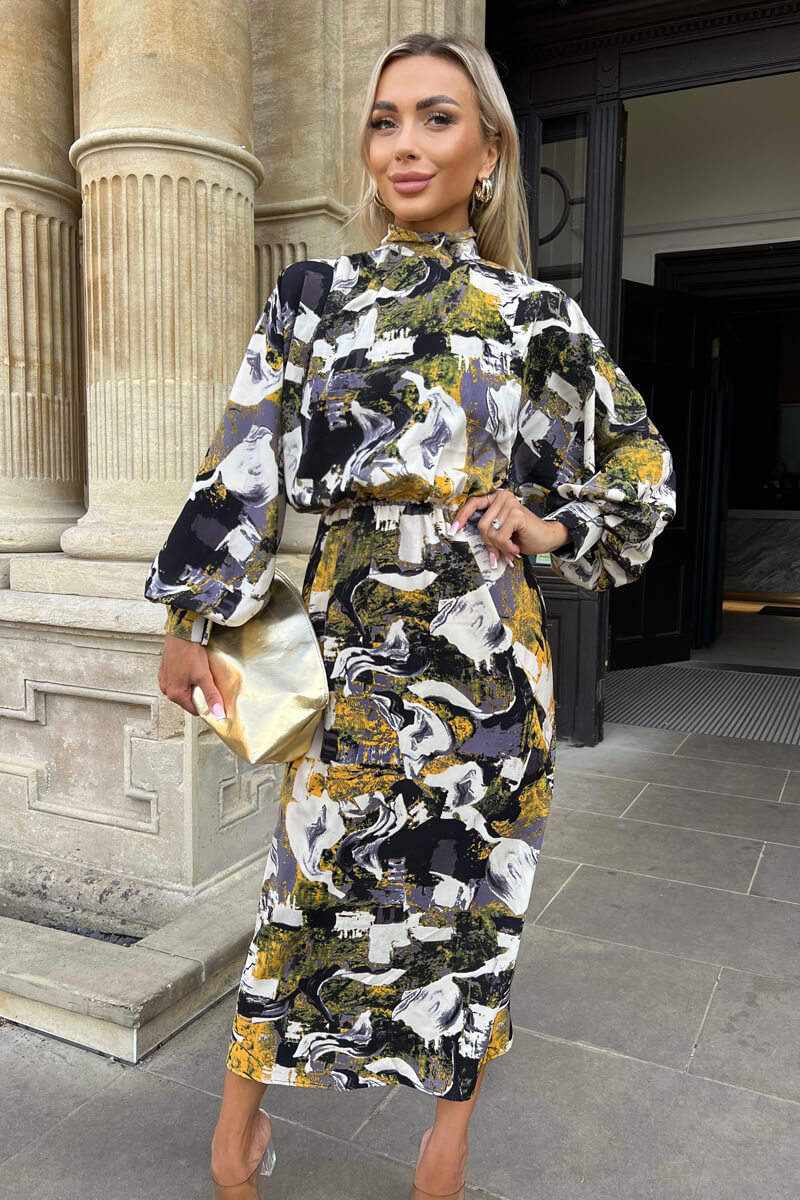 Multi Printed High Neck Balloon Sleeve Midi Dress - Image 2