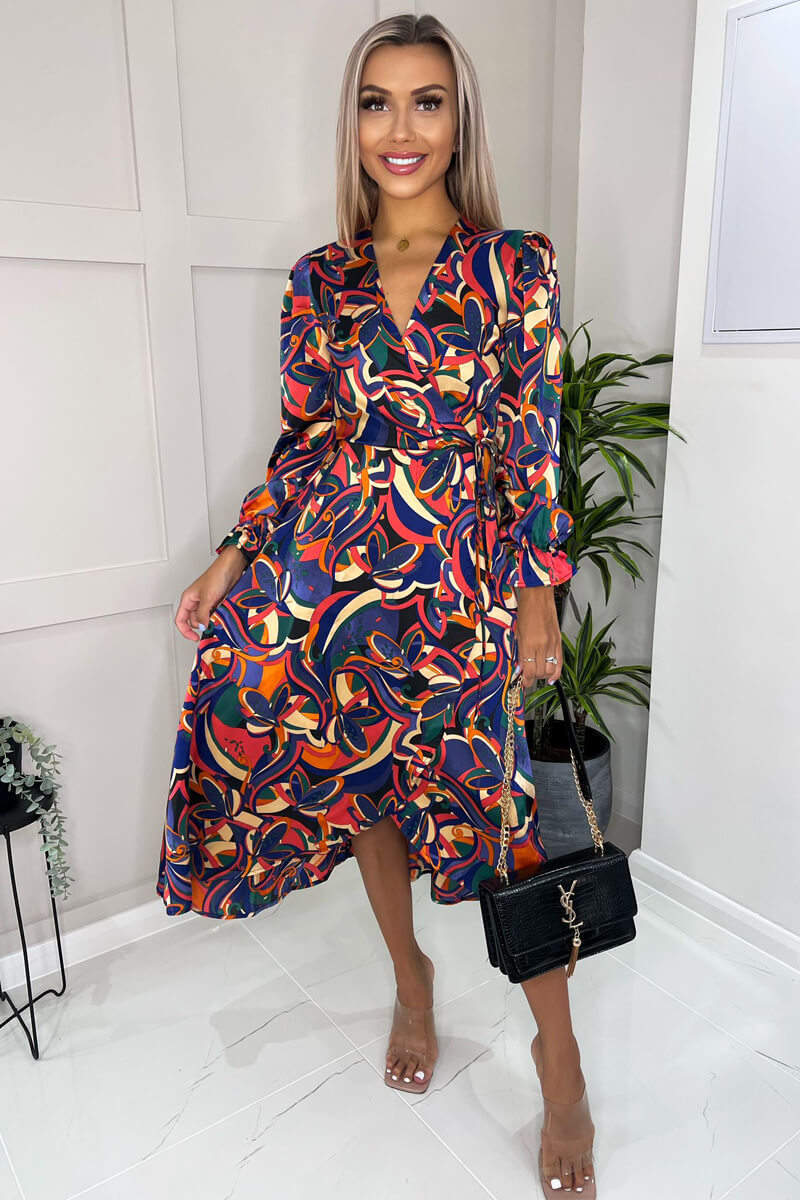 Multi Printed Long Sleeve Wrap Over Midi Dress - Image 2