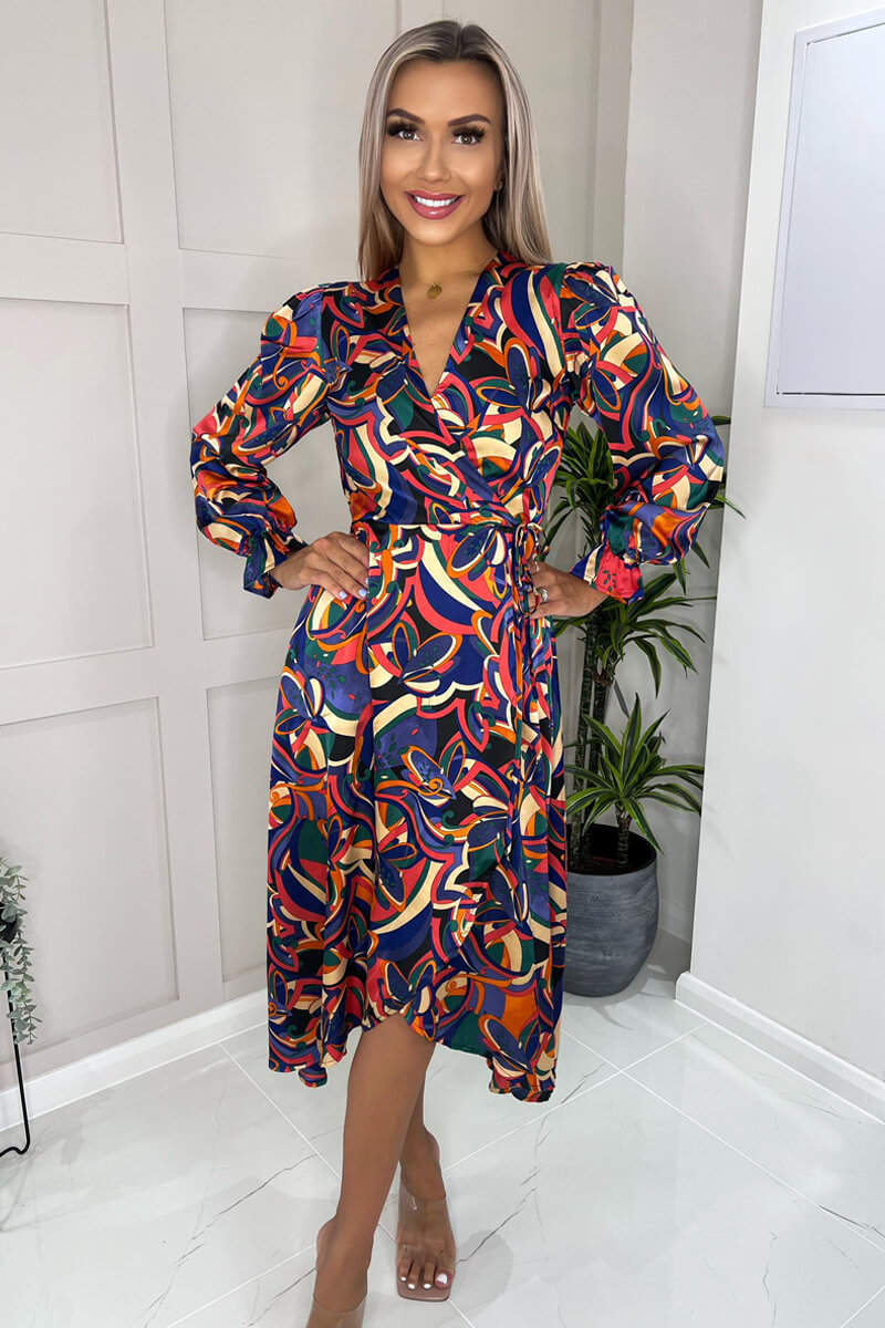 Multi Printed Long Sleeve Wrap Over Midi Dress - Image 3