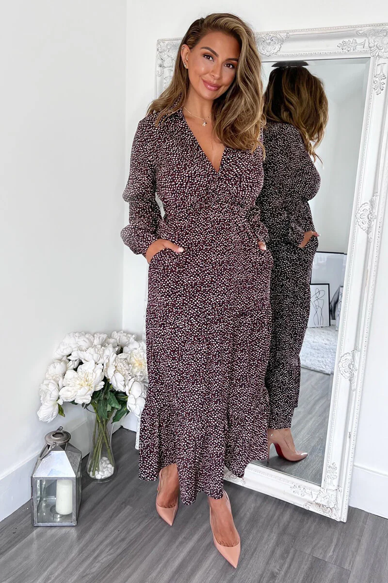 Multi Printed Long Sleeve Wrap Top Smock Midi Dress - Image 4