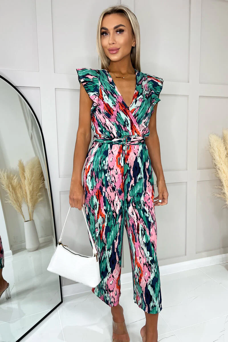 Multi Printed Wrap Front Frill Sleeve Belted Jumpsuit - Image 3