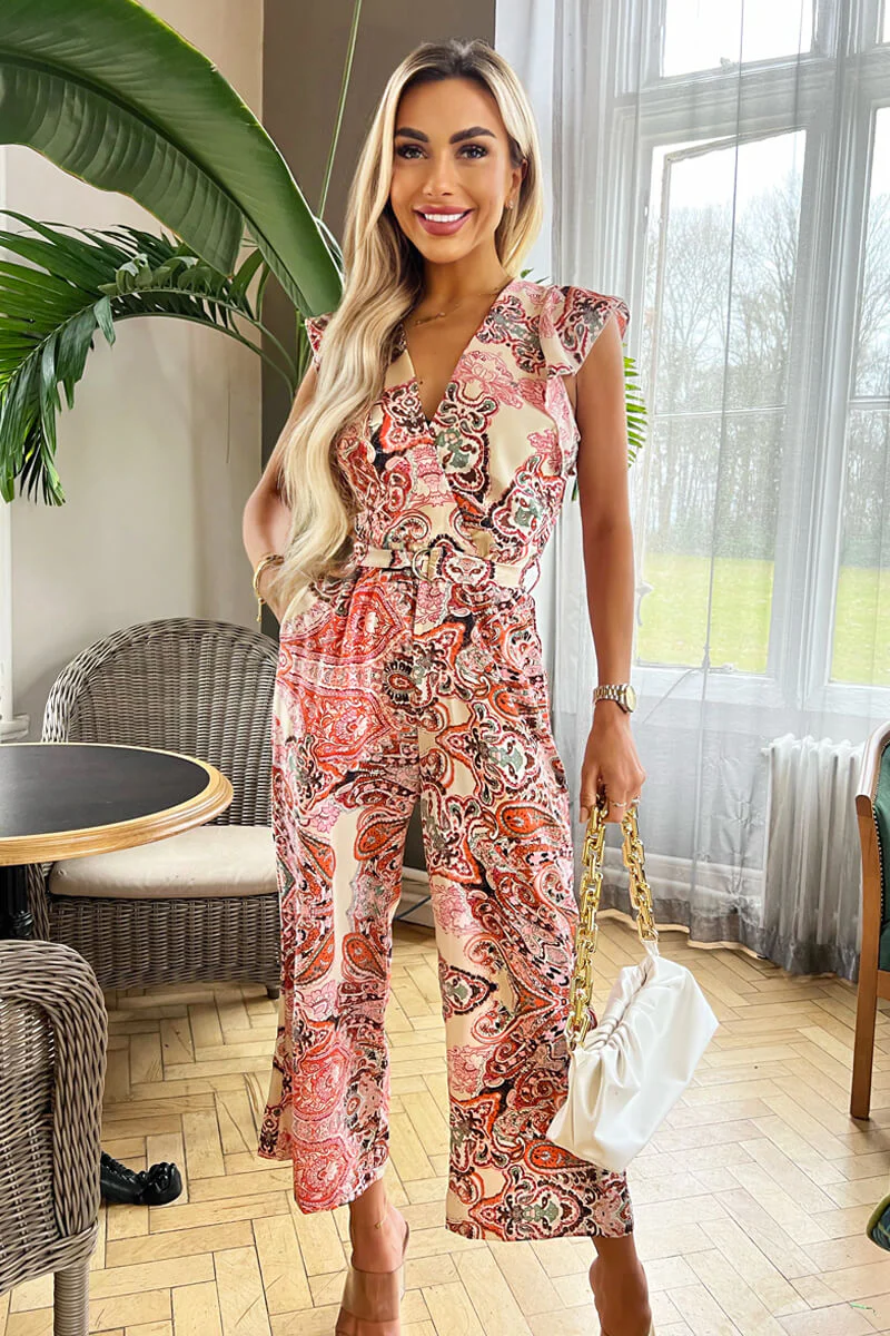 Multi Printed Wrap Top Short Sleeve Belted Jumpsuit - Image 2