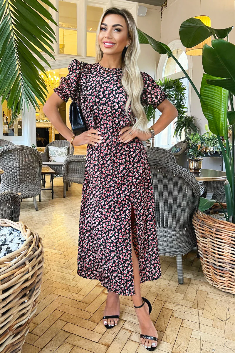 Multi Rose Printed Frill Detail Midi Dress - Image 2