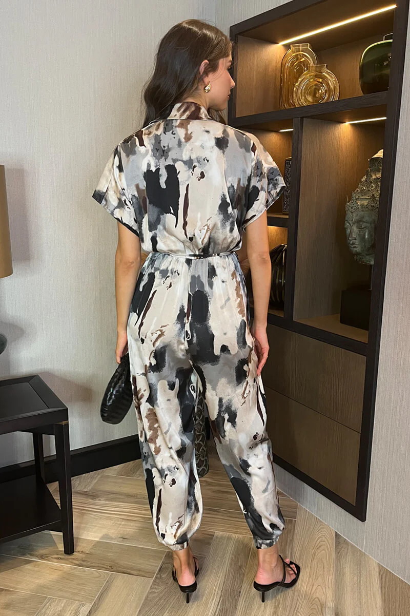 Multi Smudge Print Button Front Collared Tie Waist Jumpsuit - Image 5