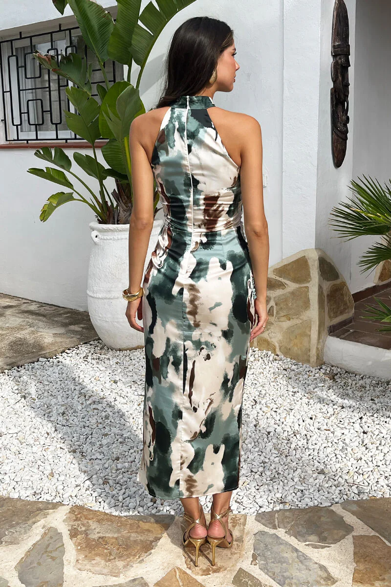 Multi Smudge Print Halter Neck Draped Waist Midi Dress - Image 5