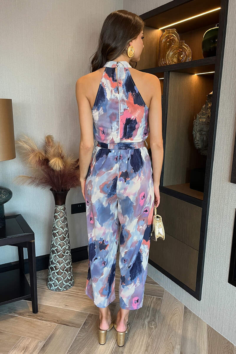 Multi Smudge Print Halter Neck Tie Waist Jumpsuit - Image 5