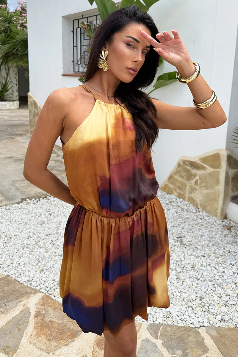 Multi Smudge Print Racer Neck Bubble Hem Mini Dress - Image 3
