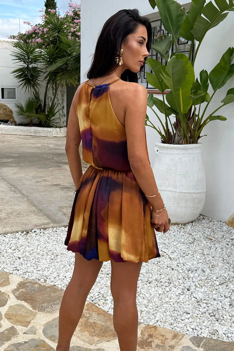 Multi Smudge Print Racer Neck Bubble Hem Mini Dress - Image 5