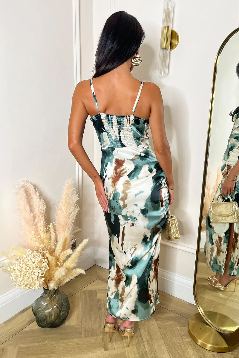 Multi Smudge Print Ruched Side Strappy Midi Dress - Image 5