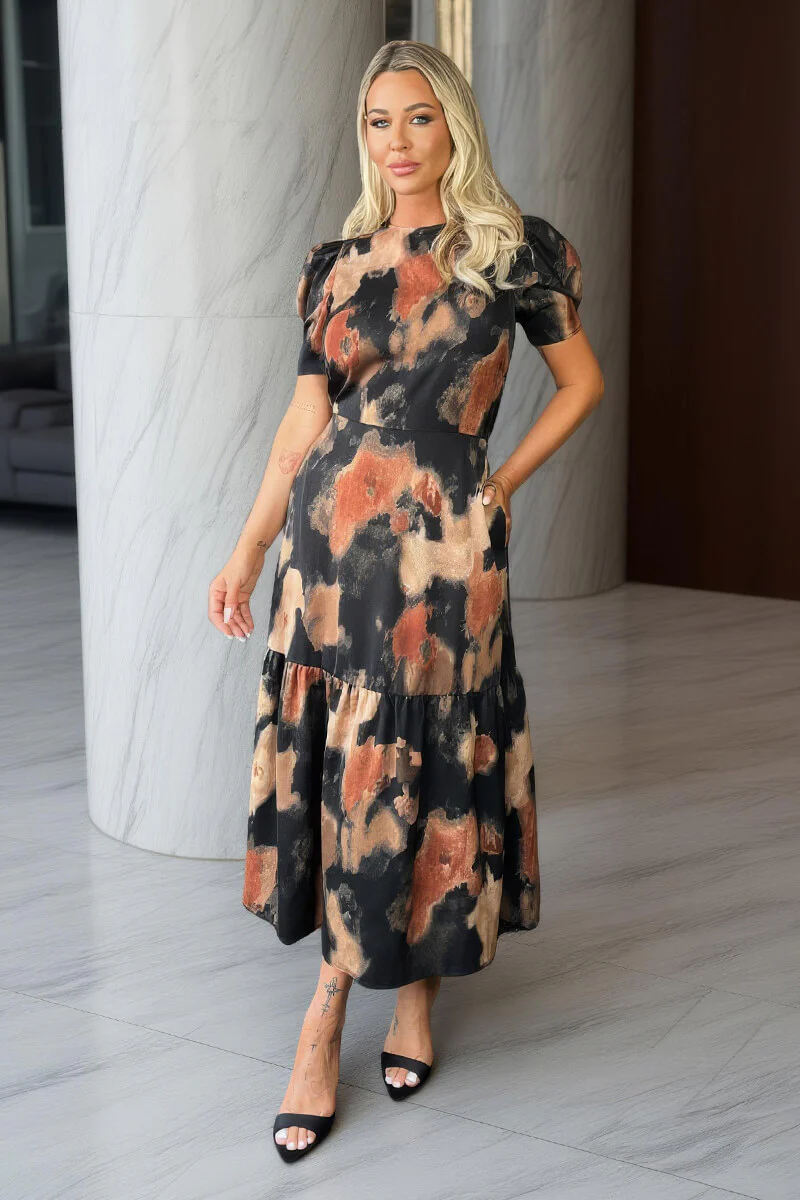 Multi Smudge Print Short Sleeve Smock Midi Dress - Image 3
