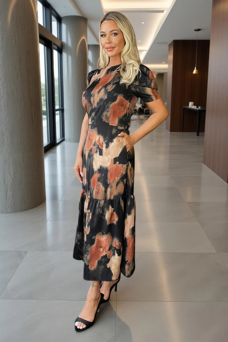 Multi Smudge Print Short Sleeve Smock Midi Dress - Image 4