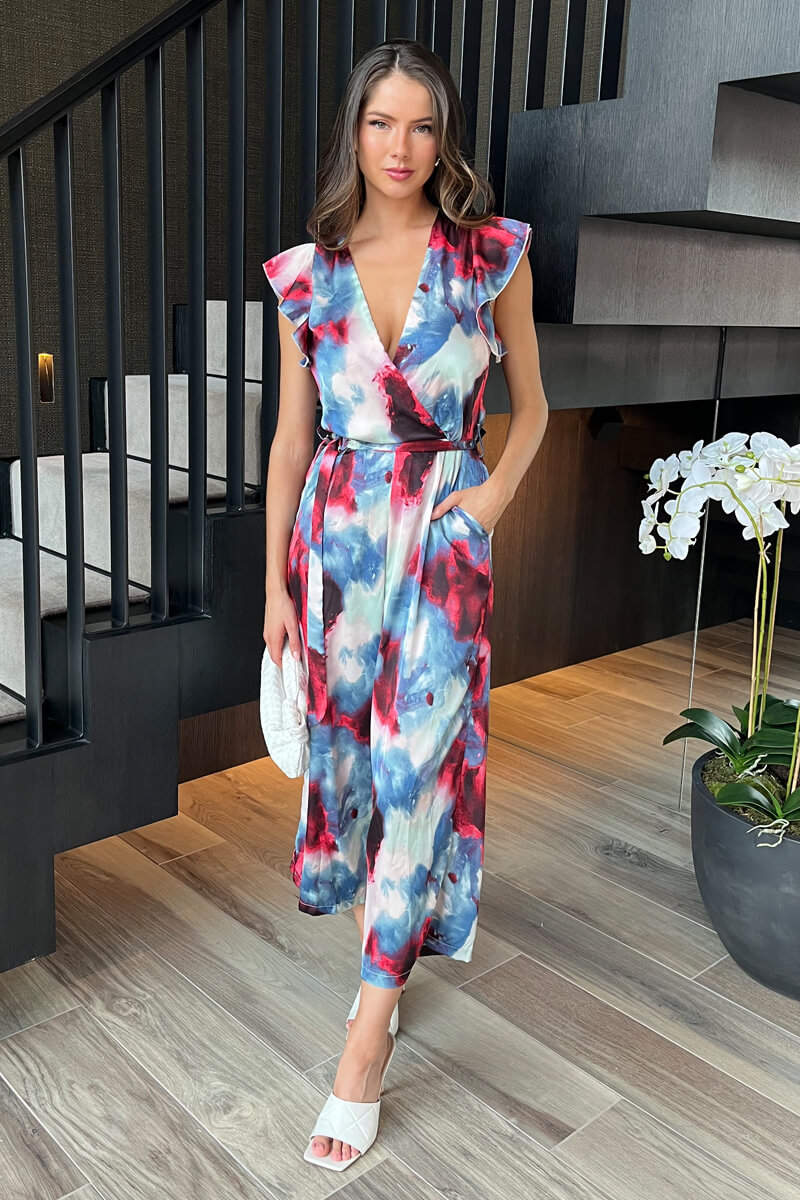 Multi Smudge Print Wrap Top Belted Jumpsuit - Image 2