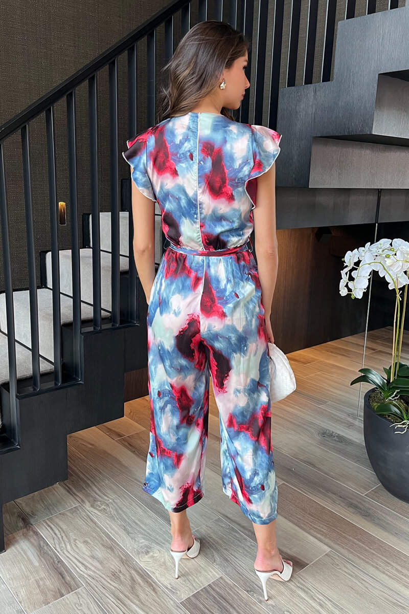 Multi Smudge Print Wrap Top Belted Jumpsuit - Image 5