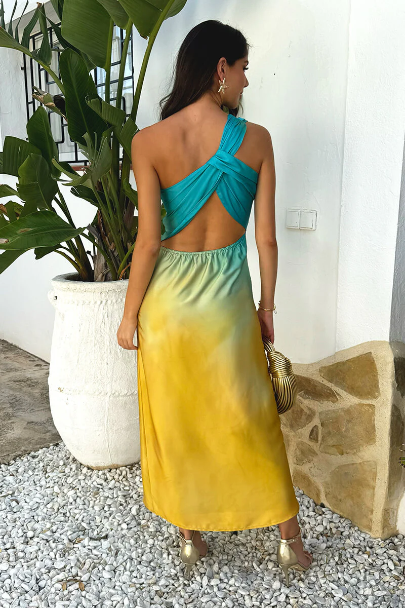Multi Sunset Ombre One Shoulder Open Back Twist Detail Midi Dress - Image 5