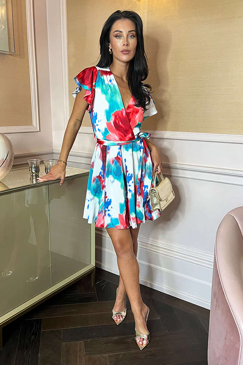 Multi Tie Dye Printed Wrap Top Tie Waist Skater Mini Dress - Image 2