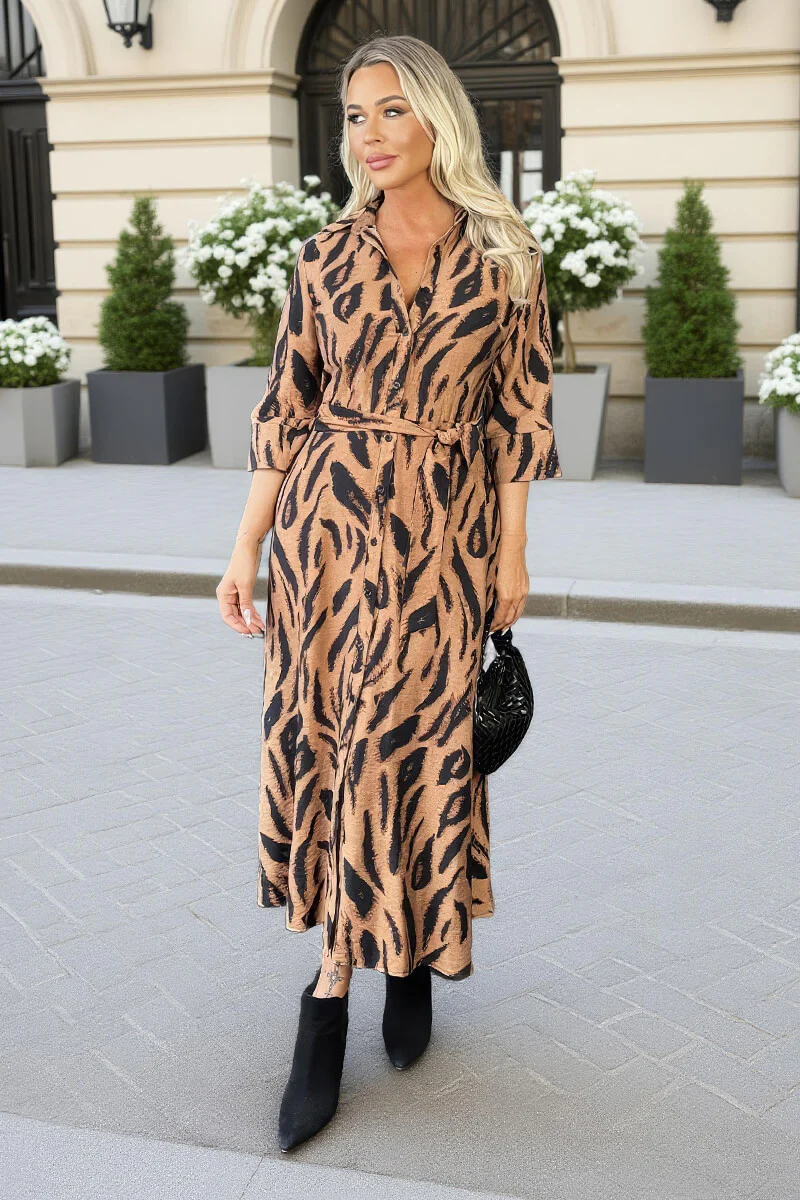 Multi Tiger Print 3/4 Sleeve Shirt Midi Dress - Image 3