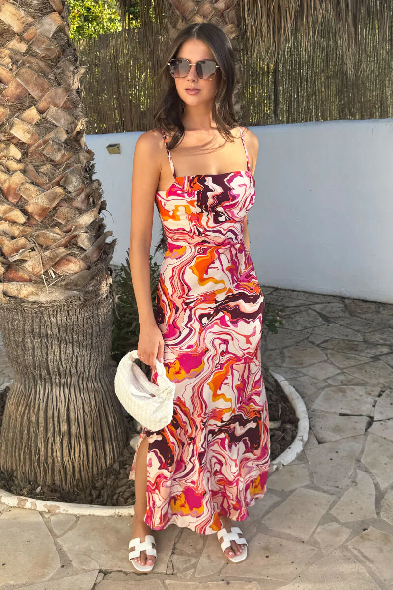 Multi Water Marble Print Strappy Slip Midi Dress - Image 3