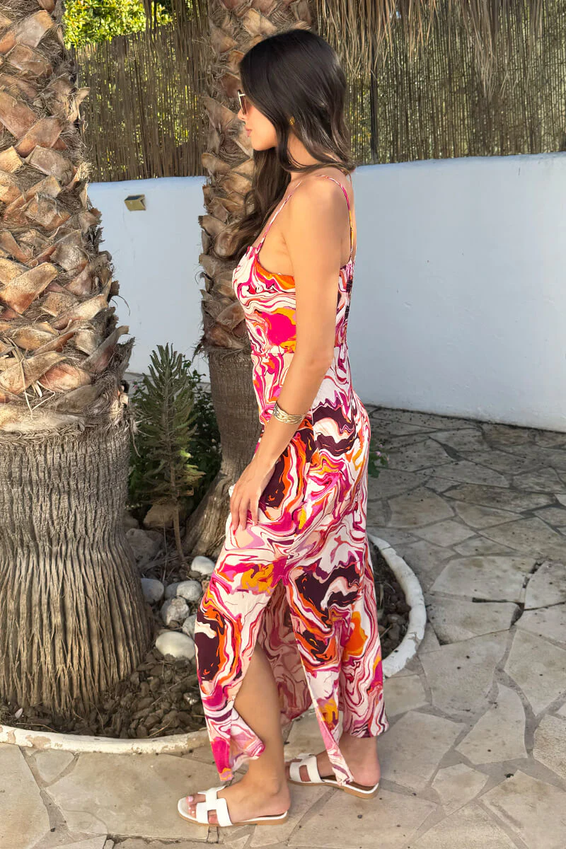 Multi Water Marble Print Strappy Slip Midi Dress - Image 4