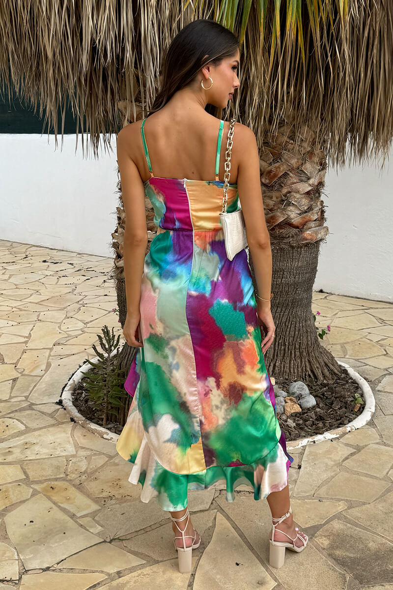 Multi Watercolour Print Racer Neck High Low Frill Hem Midi Dress - Image 5