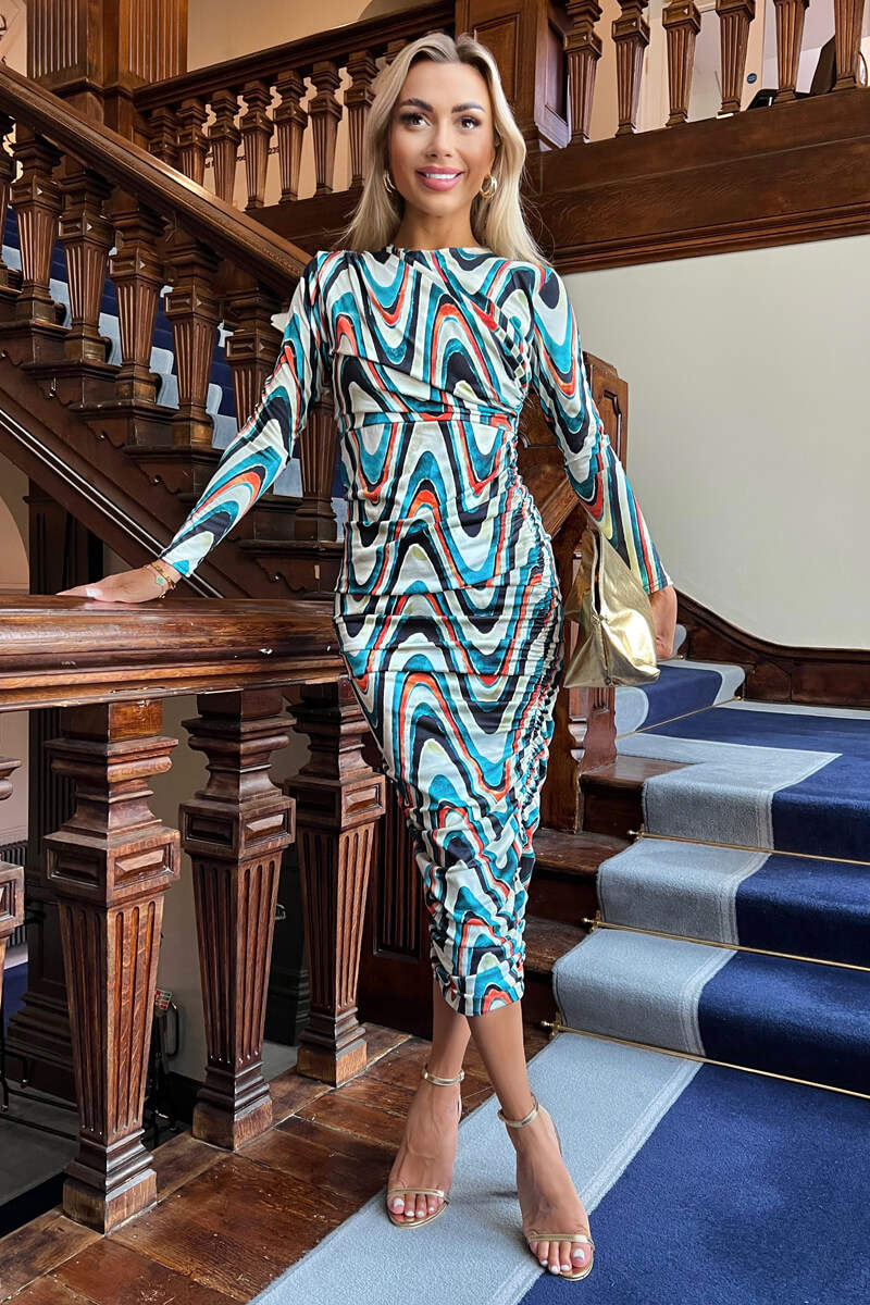 Multi Wave Print Bodycon Midi Dress - Image 4