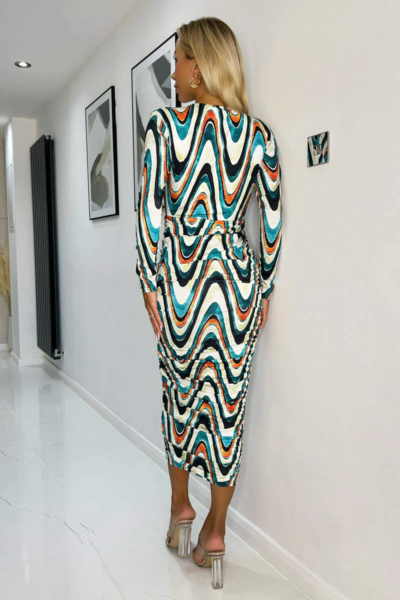 Multi Wave Print Bodycon Midi Dress - Image 5