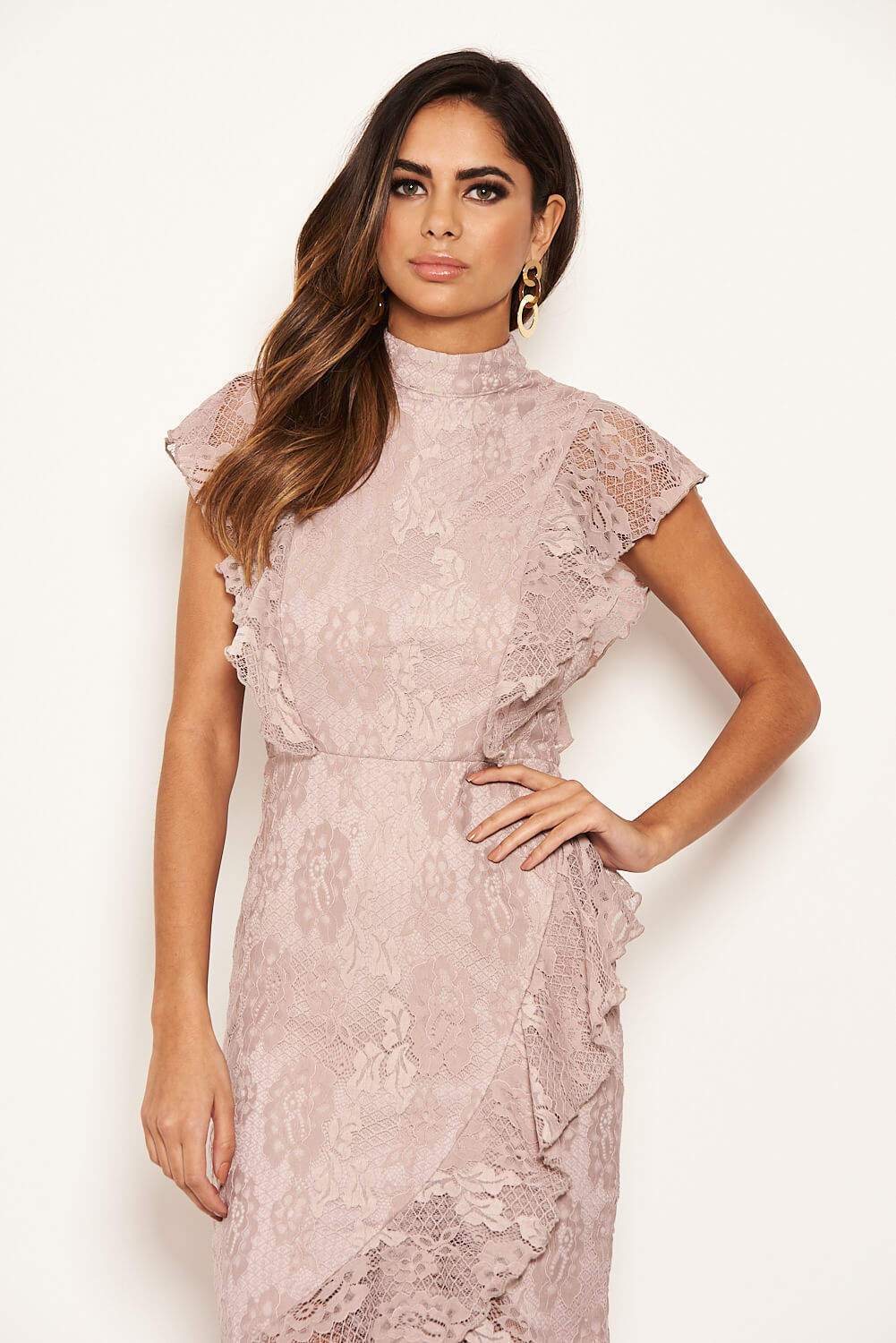 Mushroom Lace Fish Tail Frill Sleeve Midi Dress - Image 4