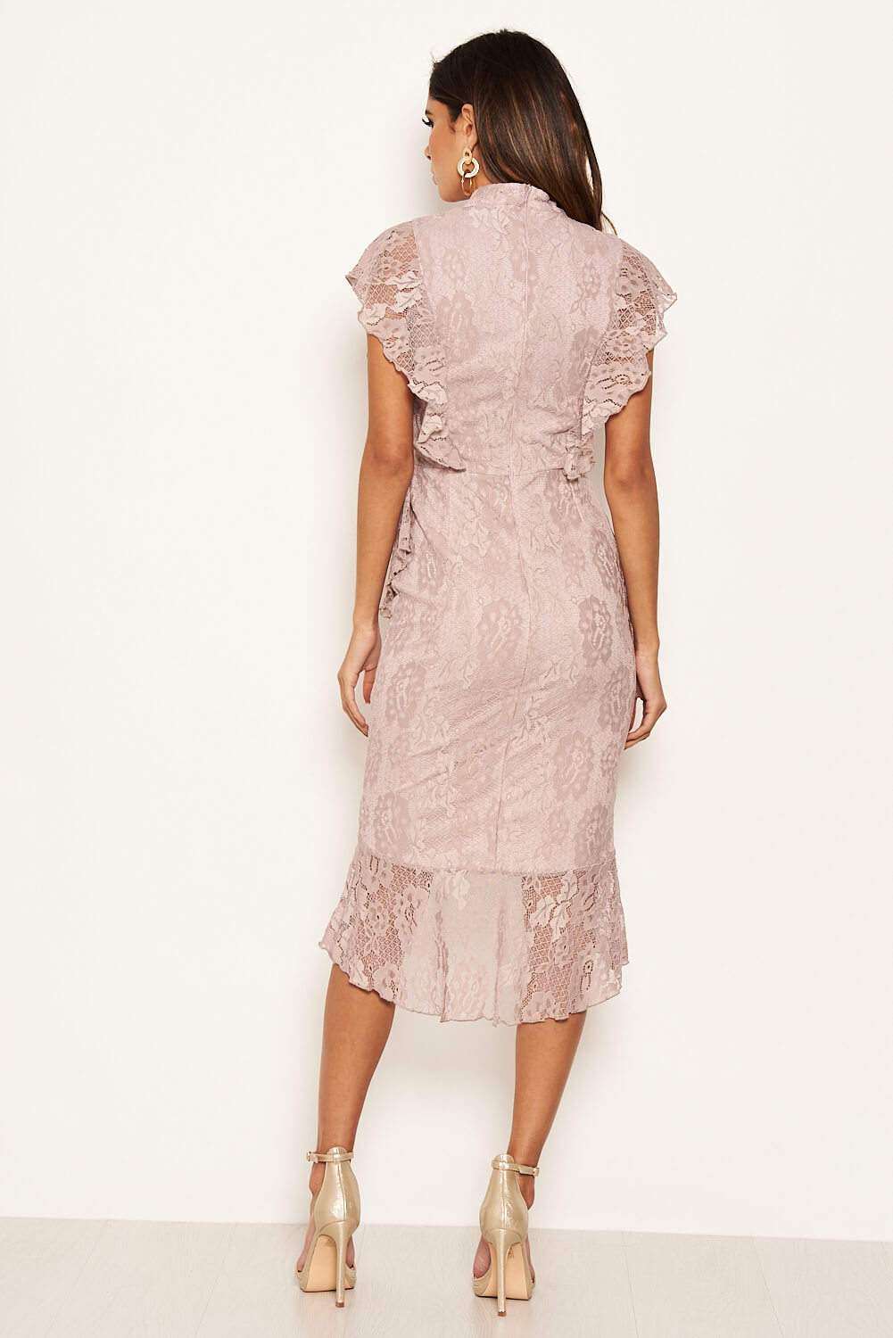 Mushroom Lace Fish Tail Frill Sleeve Midi Dress - Image 5