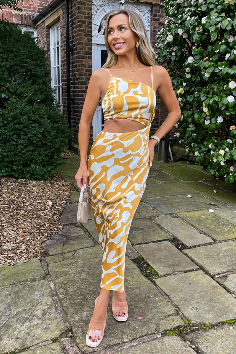 Mustard Abstract Print Asymmetric Cut Out Midi Dress - Image 3
