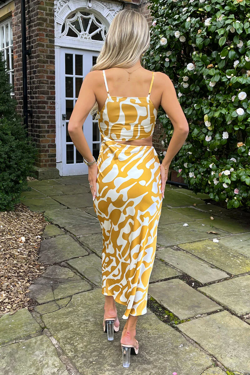 Mustard Abstract Print Asymmetric Cut Out Midi Dress - Image 5