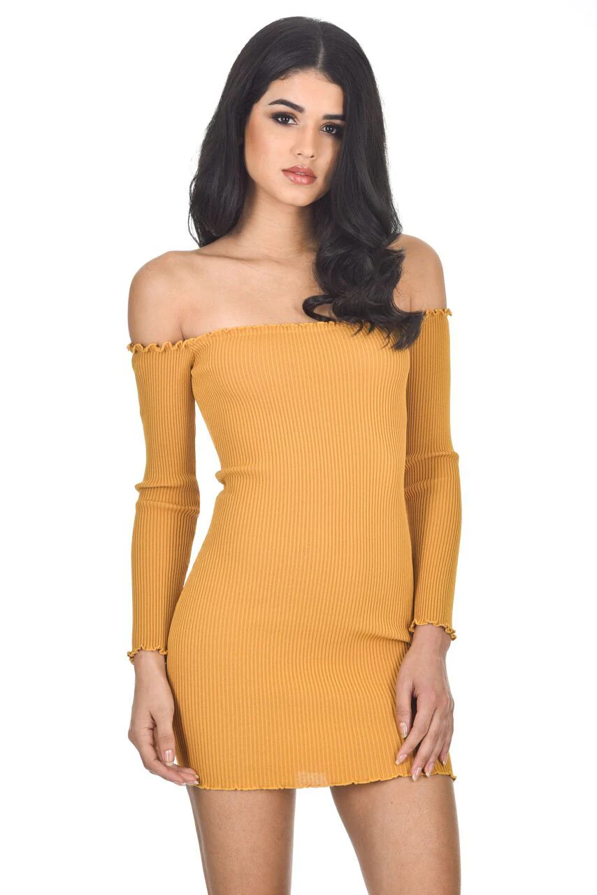 Mustard Bardot Ruffle Detail Knit Dress - Image 5