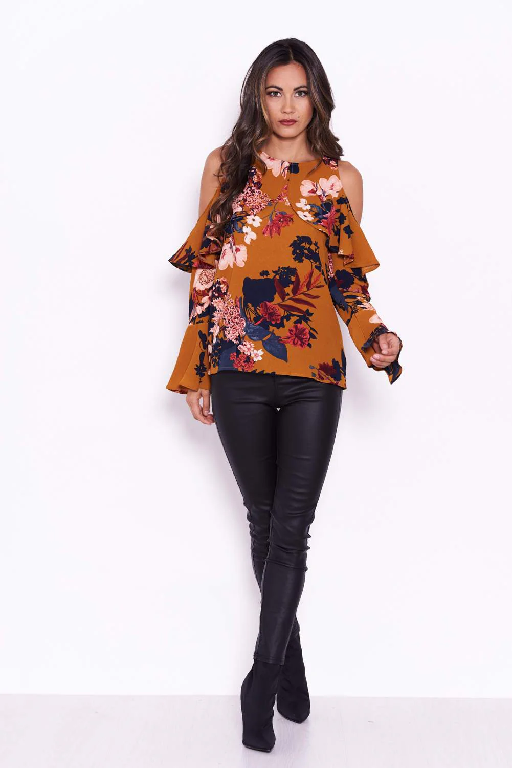 Mustard Flare Sleeve Cold Shoulder Top - Image 2