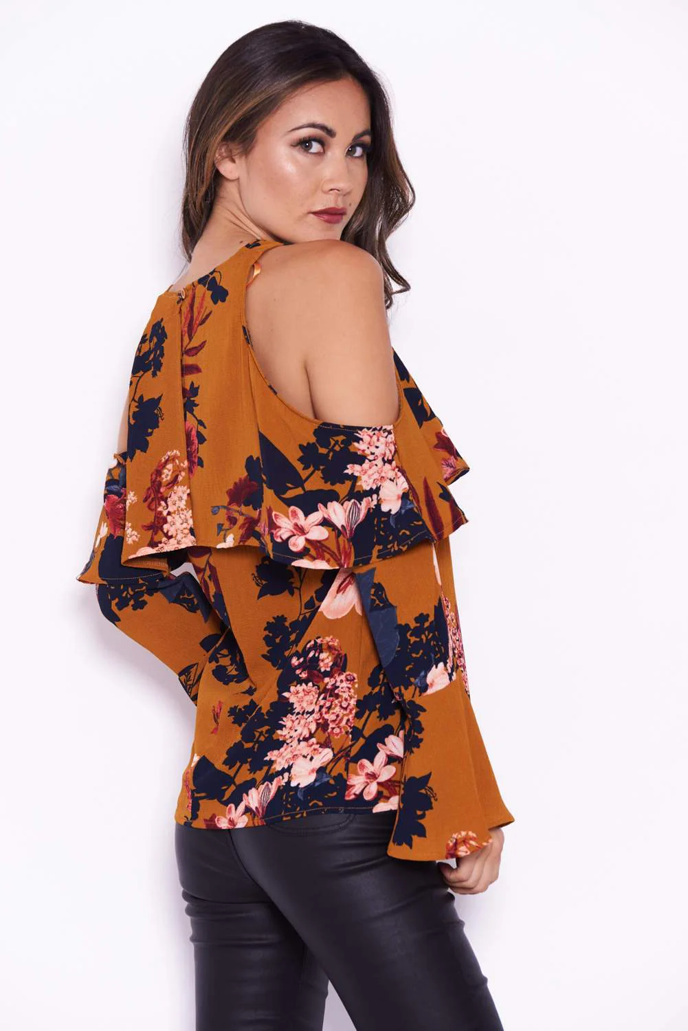 Mustard Flare Sleeve Cold Shoulder Top - Image 3