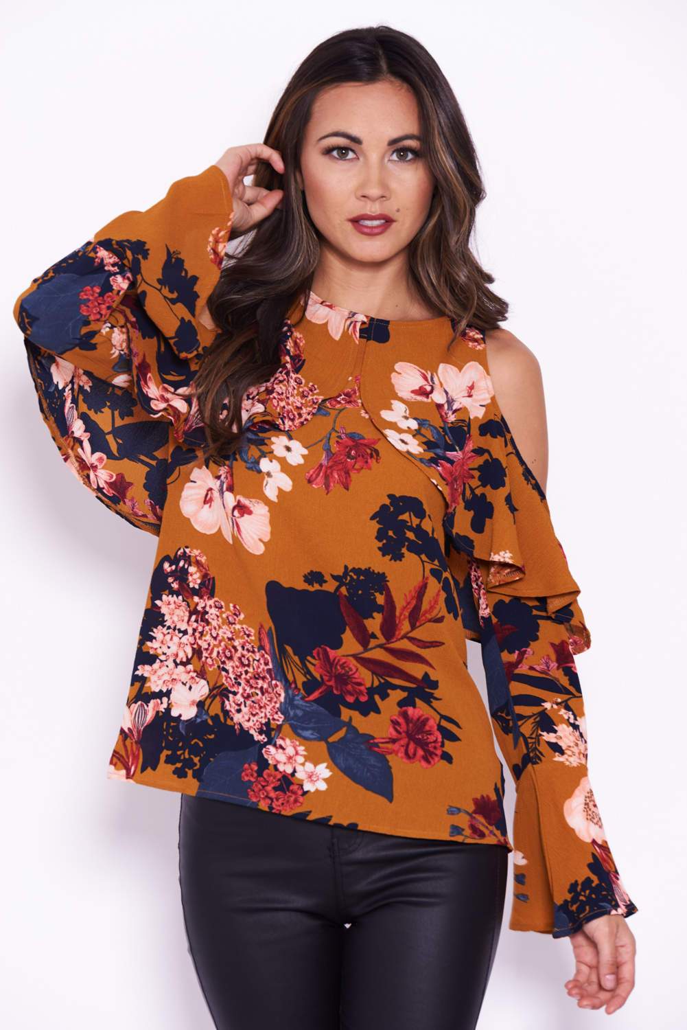 Mustard Flare Sleeve Cold Shoulder Top - Image 4
