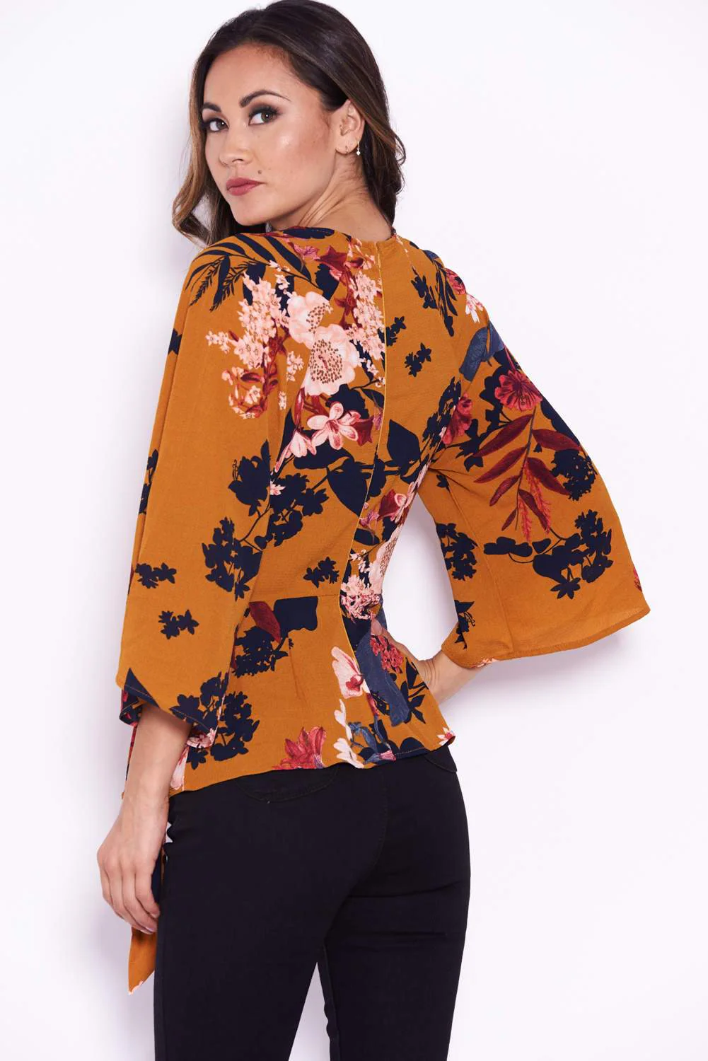 Mustard Floral Flared Sleeve Top - Image 3