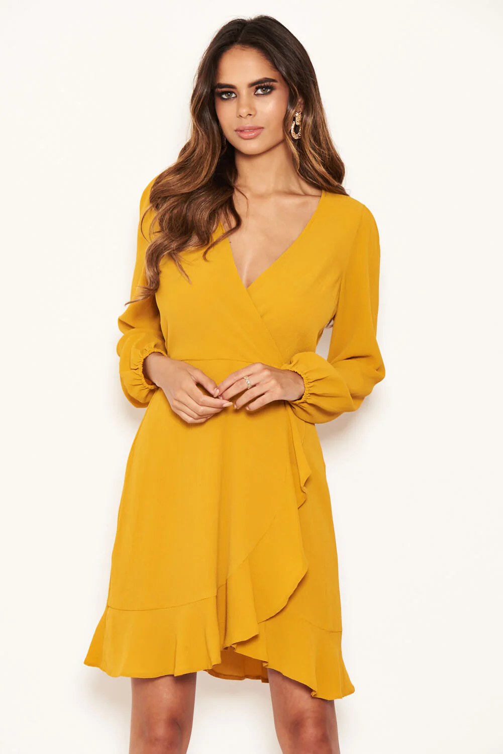 Mustard Frill Wrap Long Sleeve Dress - Image 2