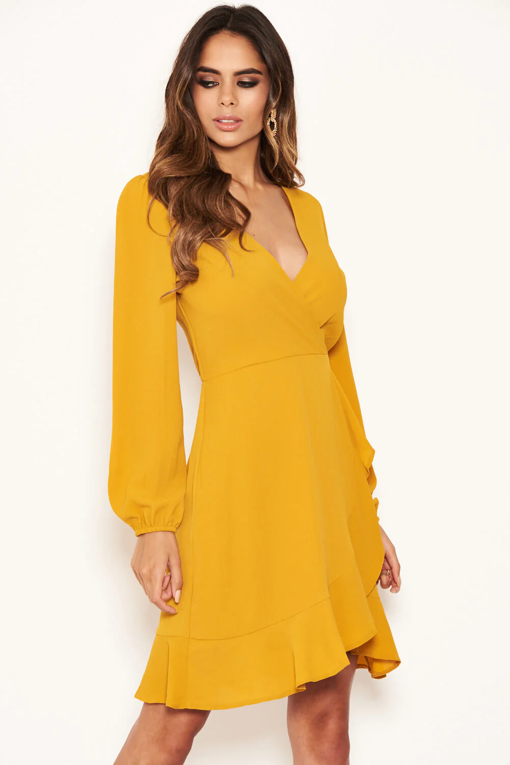Mustard Frill Wrap Long Sleeve Dress - Image 6