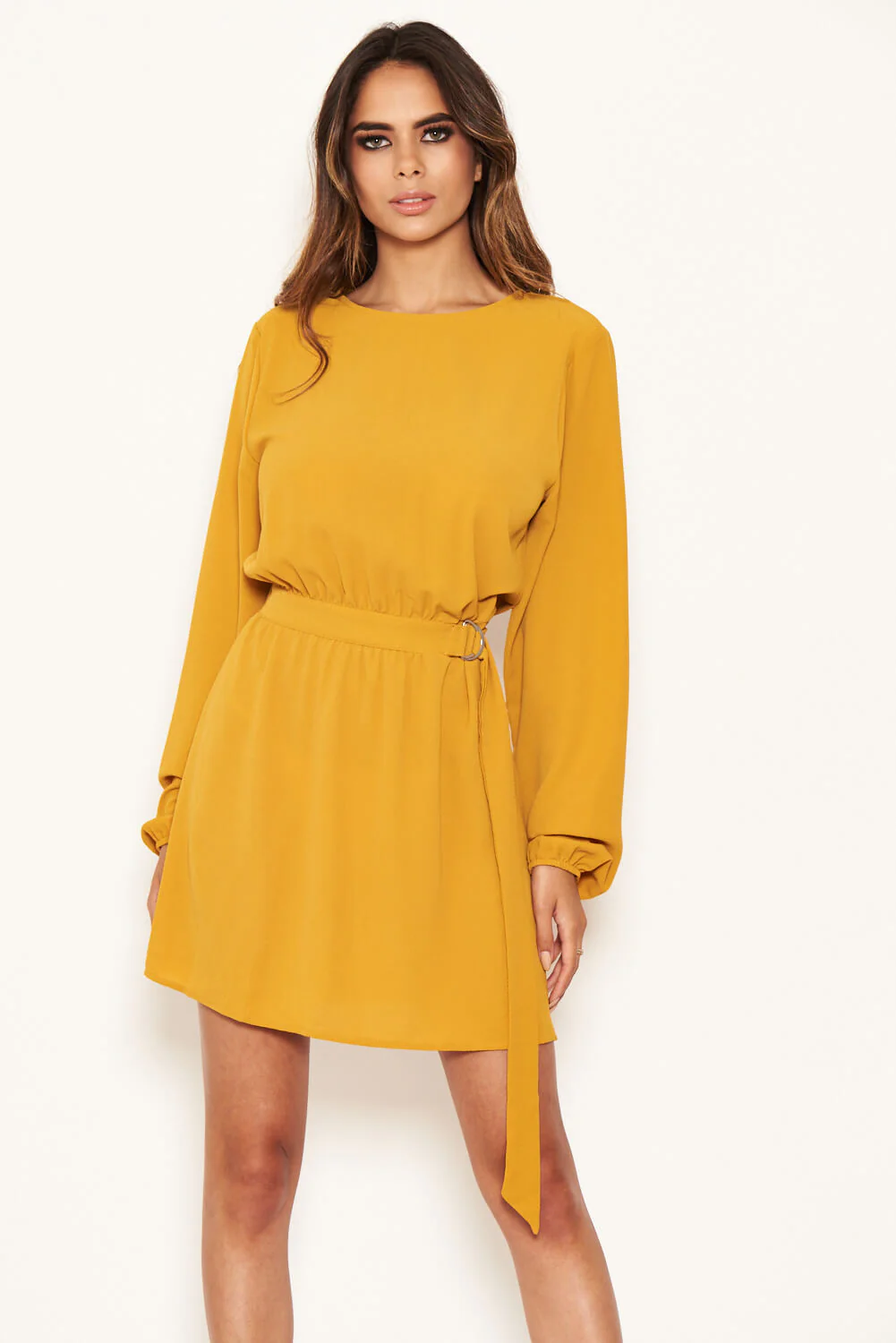 Mustard Long Sleeve Belted Day Dress - Image 2
