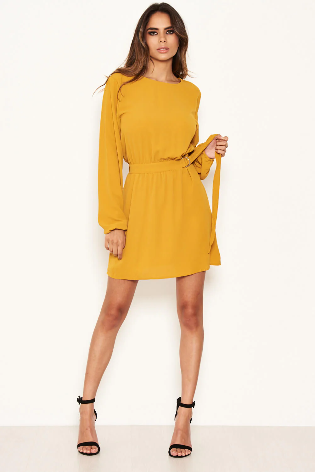 Mustard Long Sleeve Belted Day Dress - Image 3