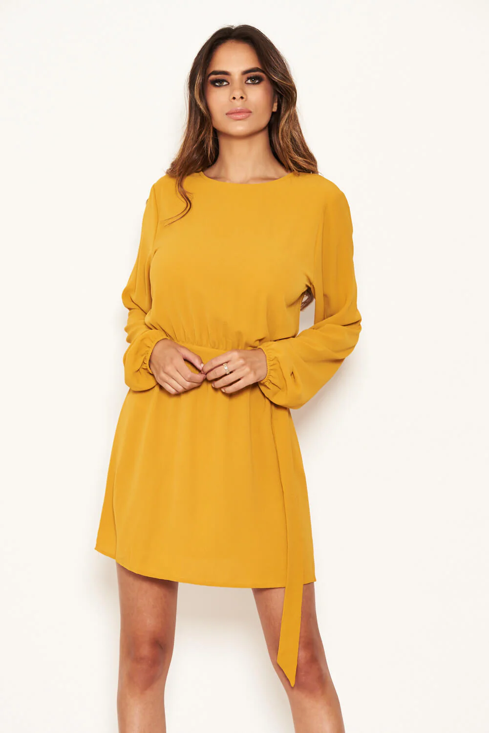 Mustard Long Sleeve Belted Day Dress - Image 5